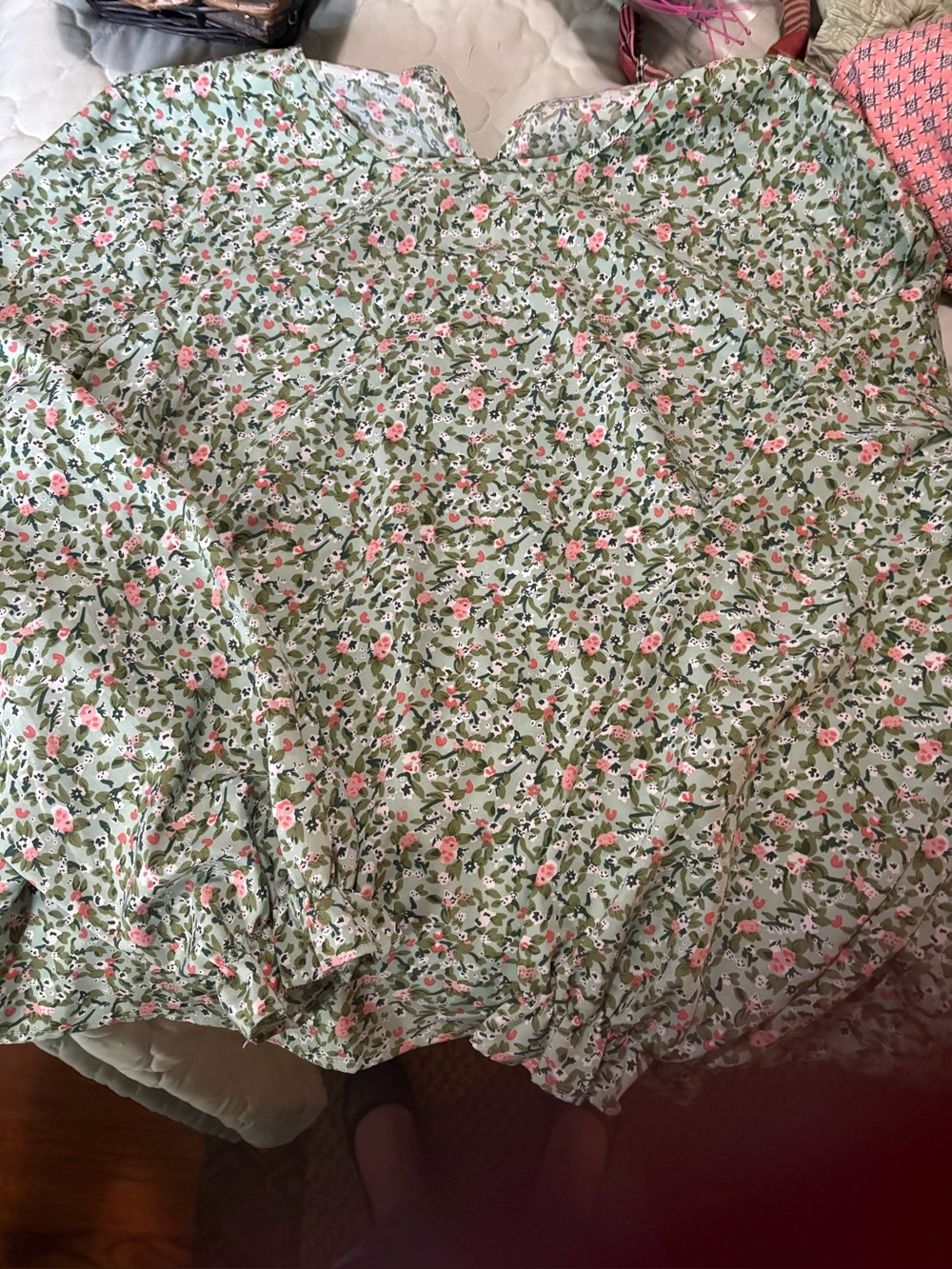 Light Green Floral Blouse with Pink Roses